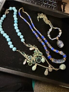 Aqua and Blue Statement Necklace Set - Designer Style Women’s Jewelry 3 pc